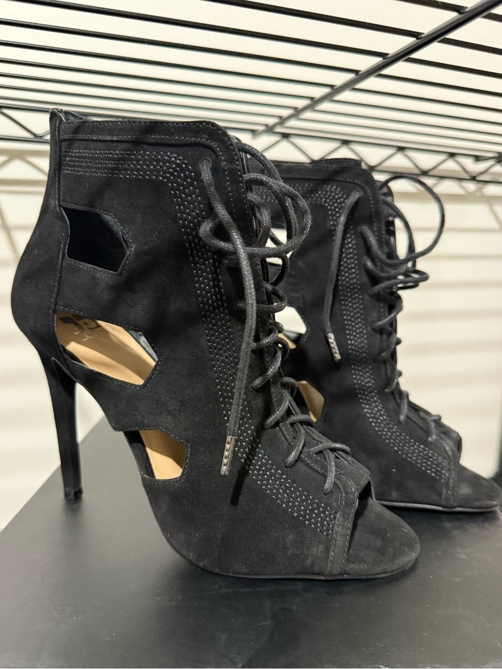 Black Lace-Up High Heel Booties